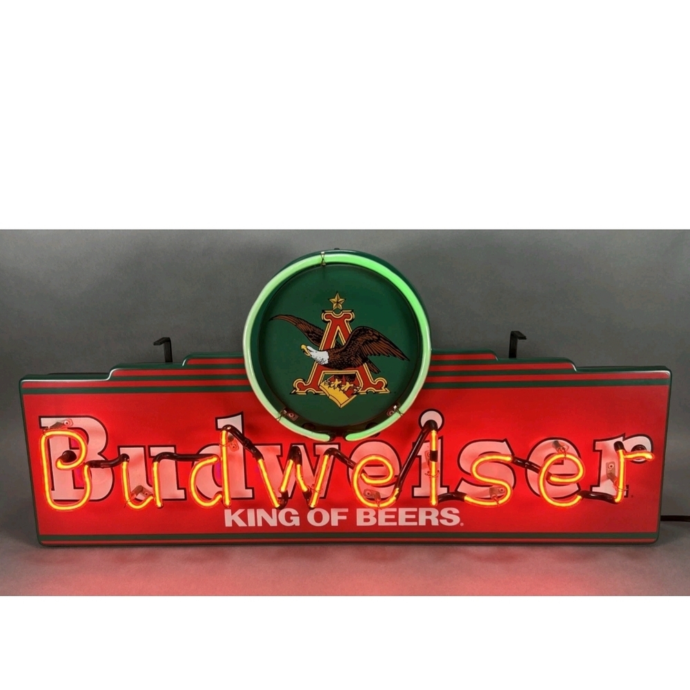 Budweiser Neon Sign in Red, Yellow and Green Crest